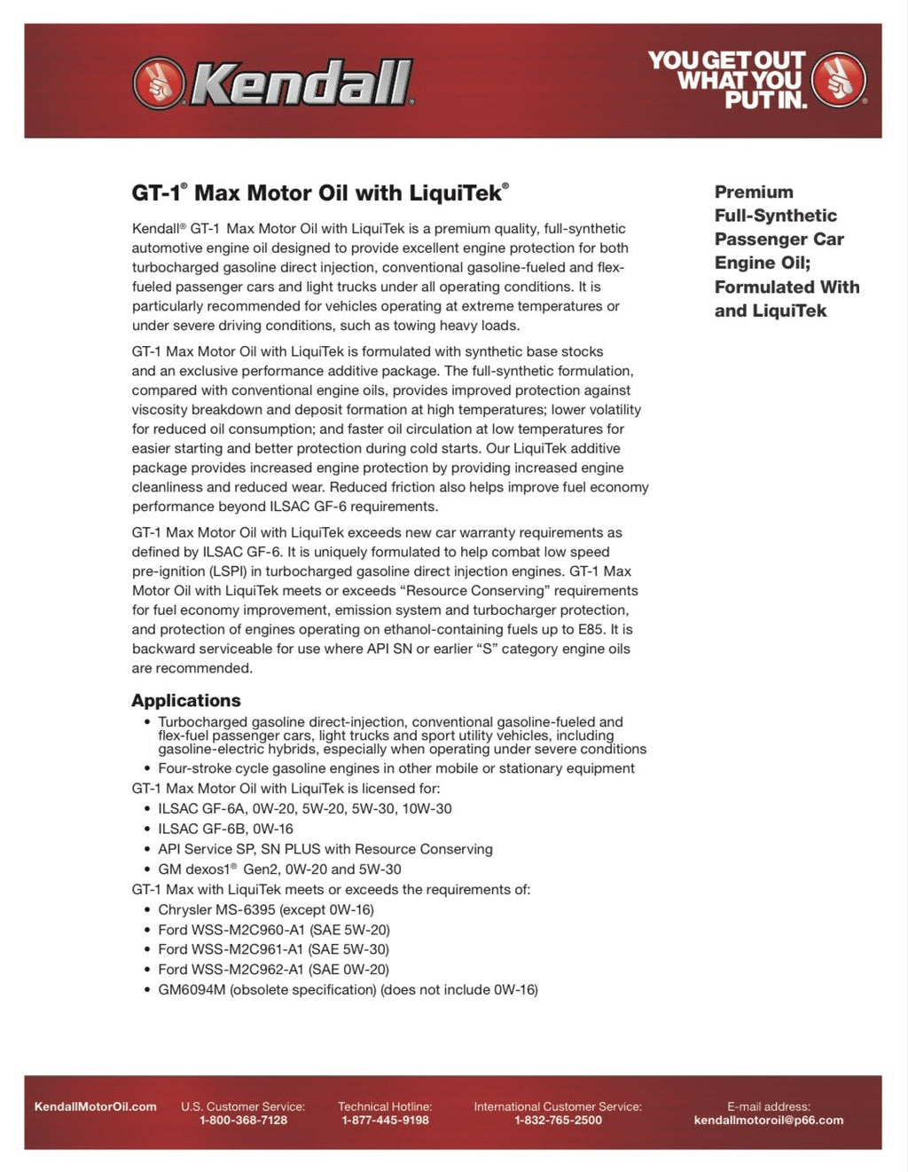 Motor Oil 0W20 Full Synthetic 12 Quarts KENDALL GT-1® MAX WITH LIQUITEK®