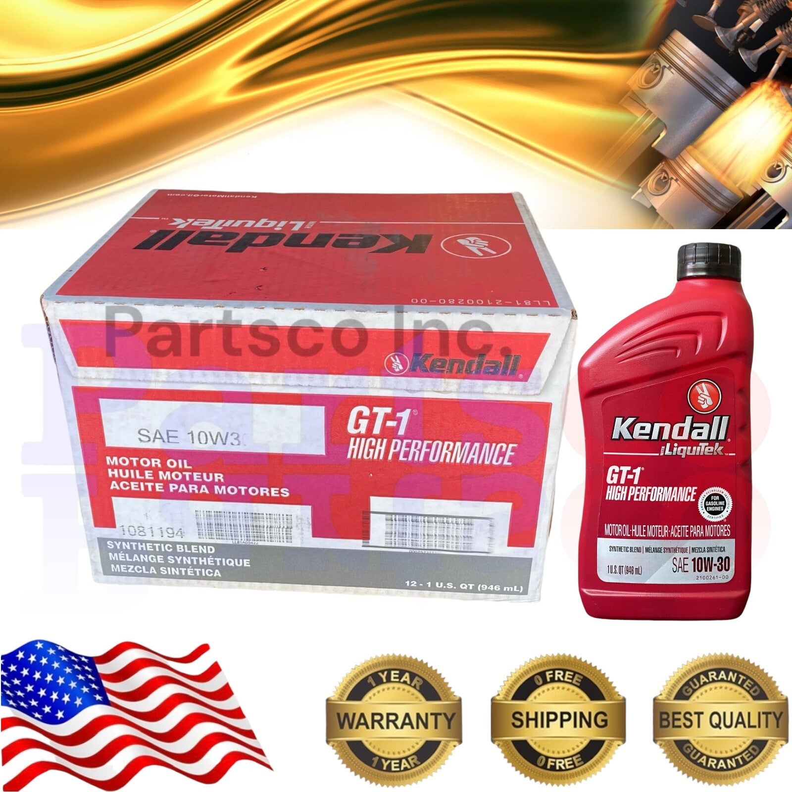 Motor Oil 10W30 Synthetic Blend 12 Quarts Kendall Liquitek GT-1 High Performance
