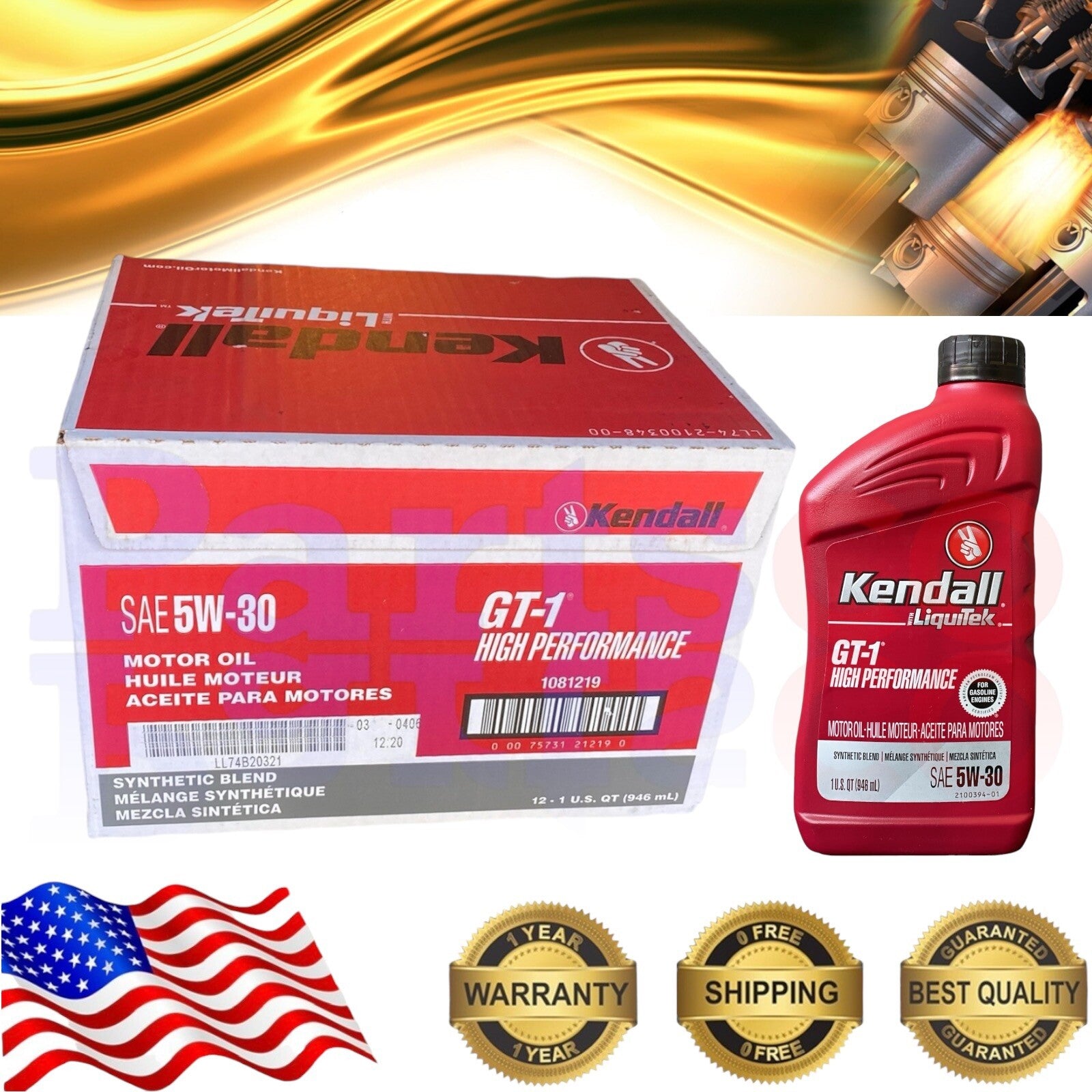 Motor Oil 5W30 Synthetic Blend 12 Quarts Kendall Liquitek GT-1 High Performance