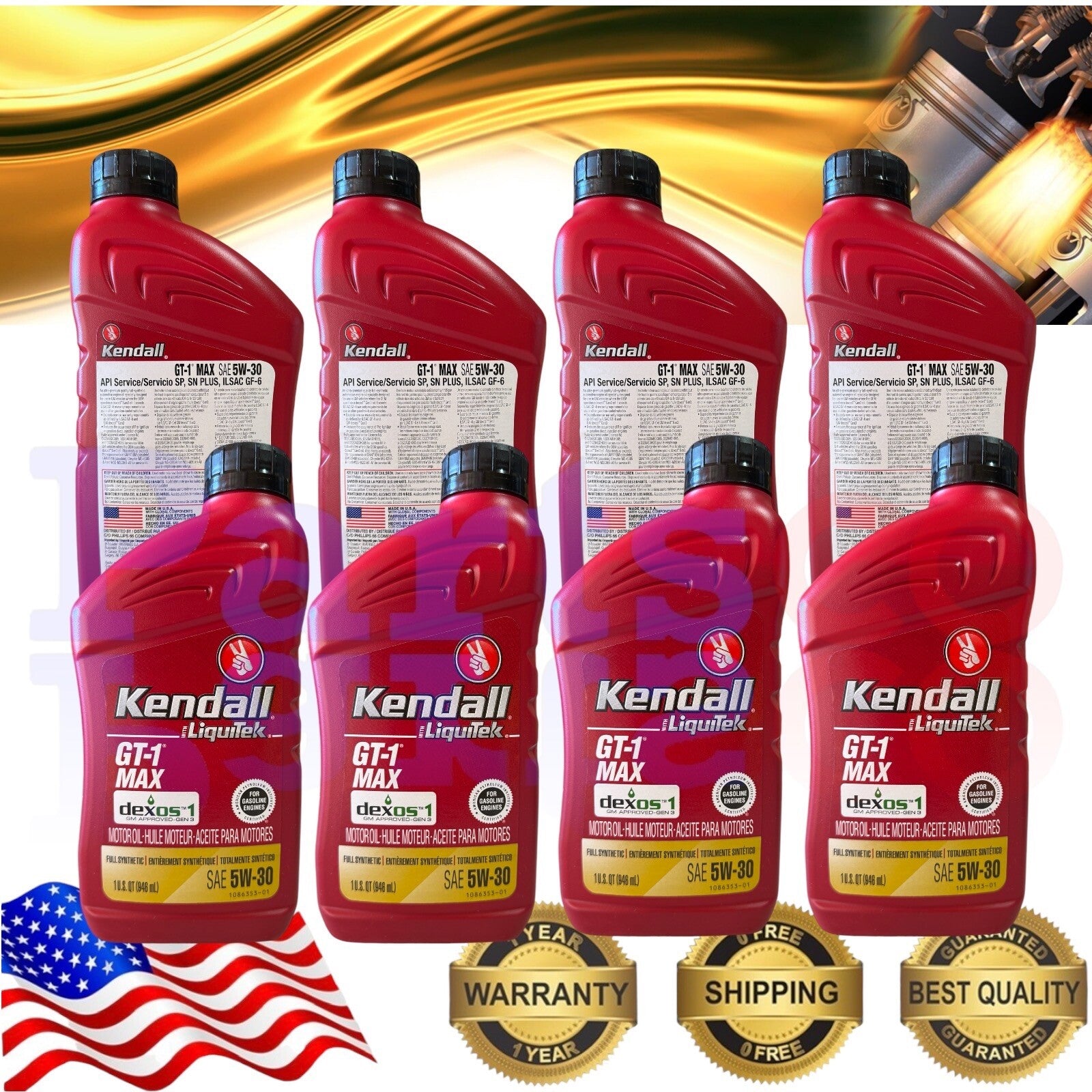Motor Oil 5W30 Full Synthetic 8 Quarts GT-1® MAX KENDALL WITH LIQUITEK®