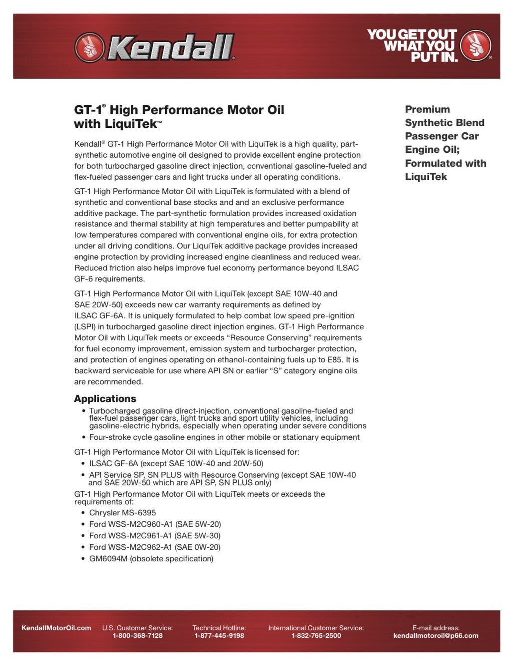 Motor Oil 10W30 Synthetic Blend 8 Quarts Kendall Liquitek GT-1 High Performance