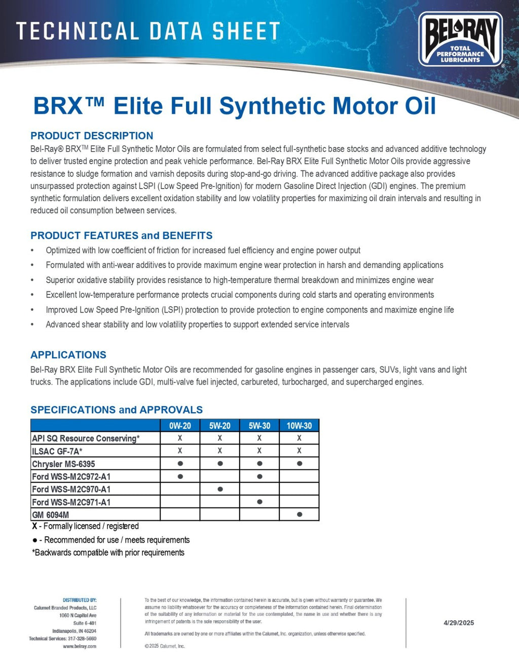 Bel-Ray BRX Elite 10W-30 Full Synthetic Motor Oil API SQ ILSAC GF-7A Case of 6qr