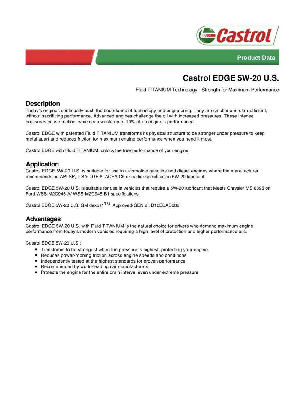 Motor Oil 5W20 Full Synthetic 6 Quarts Castrol EDGE