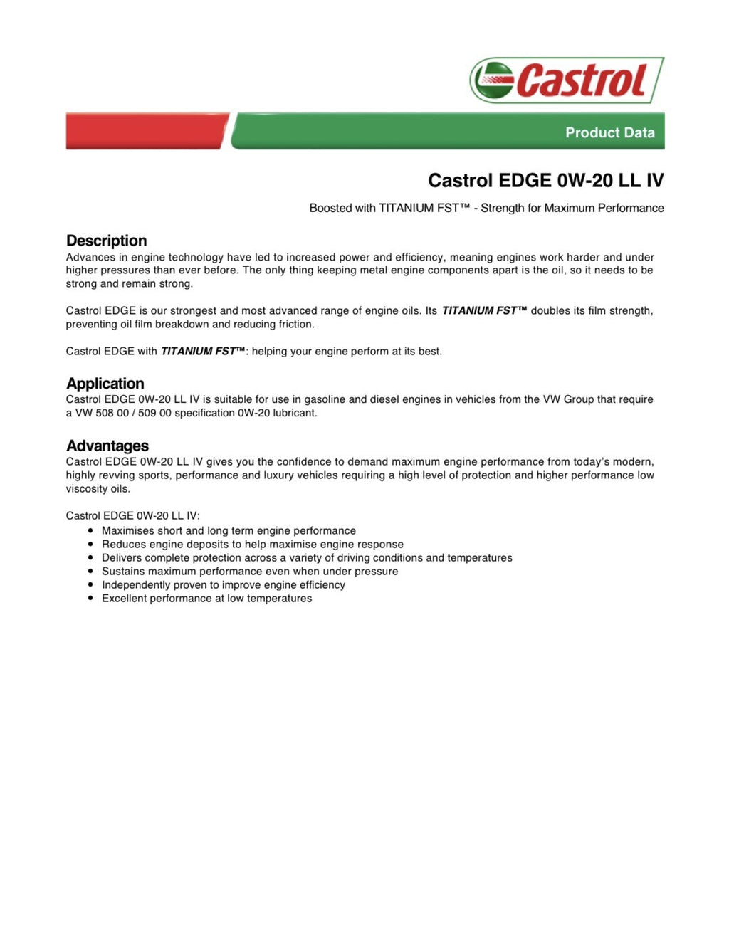 Motor Oil 0W20 Full Synthetic 6 Quarts Castrol EDGE