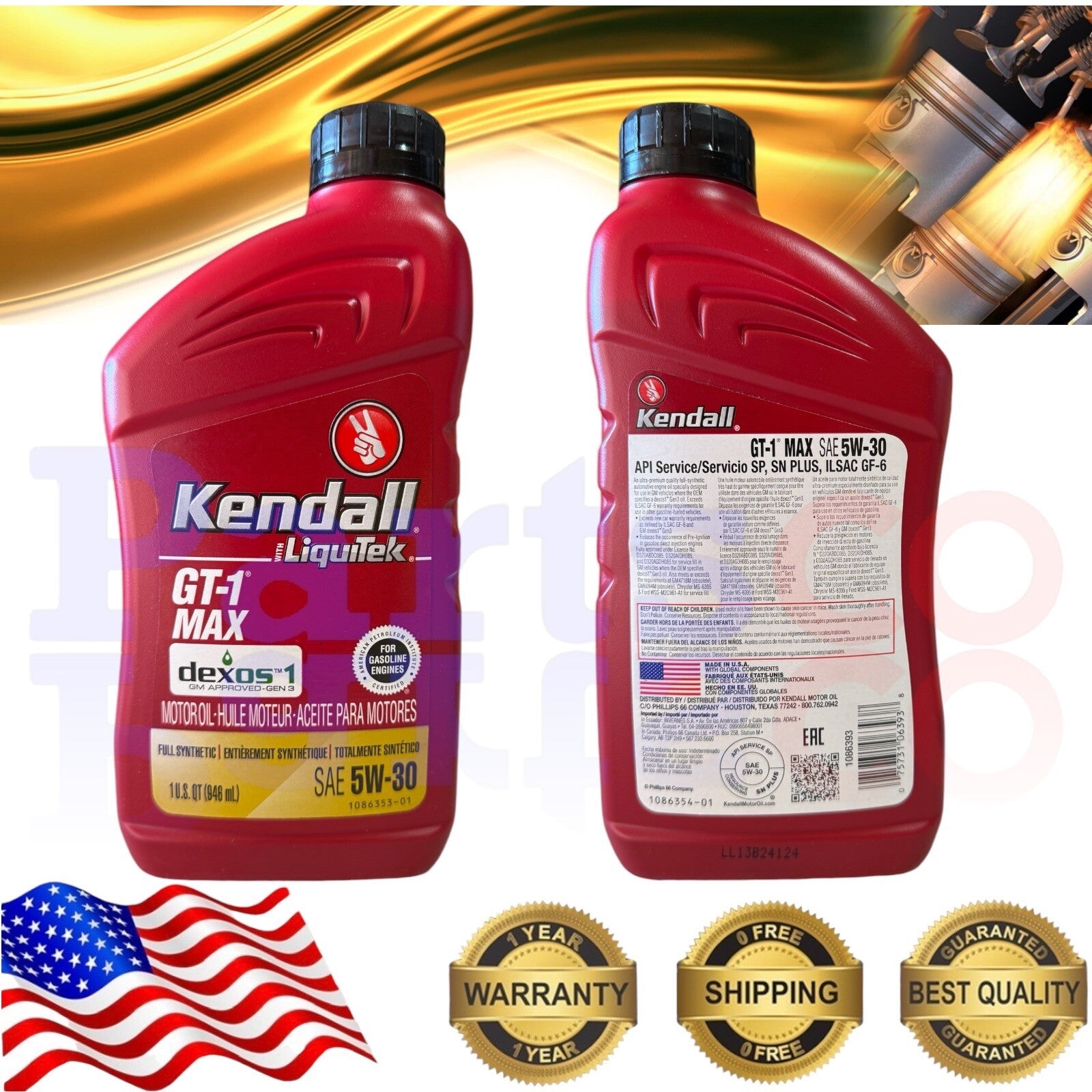 Motor Oil 5W30 Full Synthetic 8 Quarts GT-1® MAX KENDALL WITH LIQUITEK®