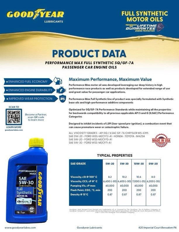 Goodyear 5W-30 Full Synthetic Motor Oil 8qt Case dexos1 Gen 3 (8 x 1qt Bottle)