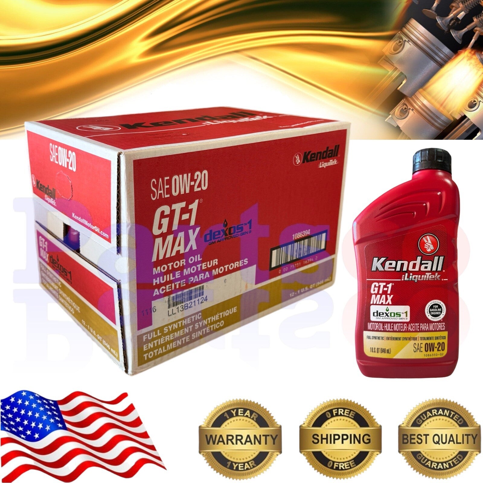 Motor Oil 0W20 Full Synthetic 12 Quarts KENDALL GT-1® MAX WITH LIQUITEK®