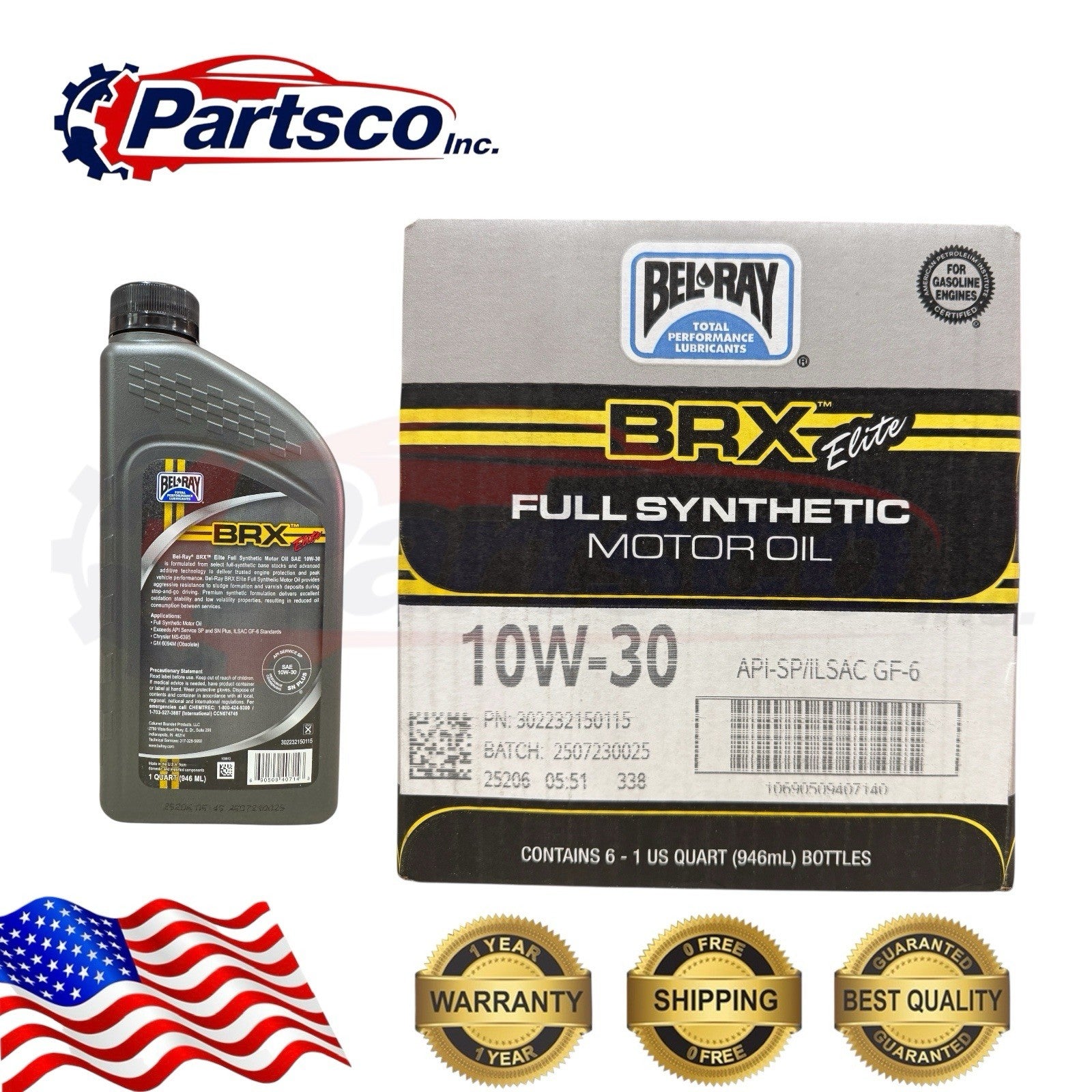 Bel-Ray BRX Elite 10W-30 Full Synthetic Motor Oil API SQ ILSAC GF-7A Case of 6qr