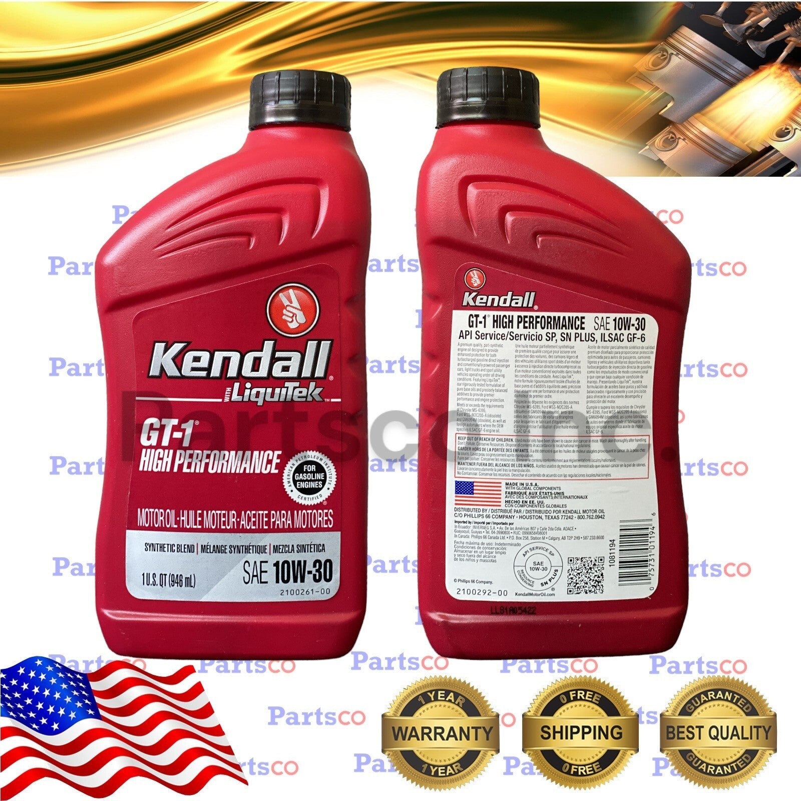 Motor Oil 10W30 Synthetic Blend 8 Quarts Kendall Liquitek GT-1 High Performance