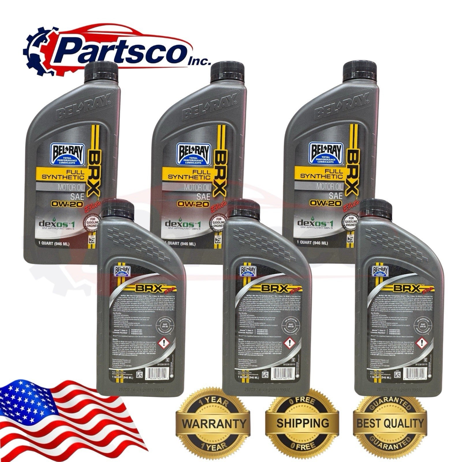 Bel-Ray BRX Elite 0W-20 Full Synthetic Motor Oil dexos1 Gen 3 API SQ GF-7A 6qrt