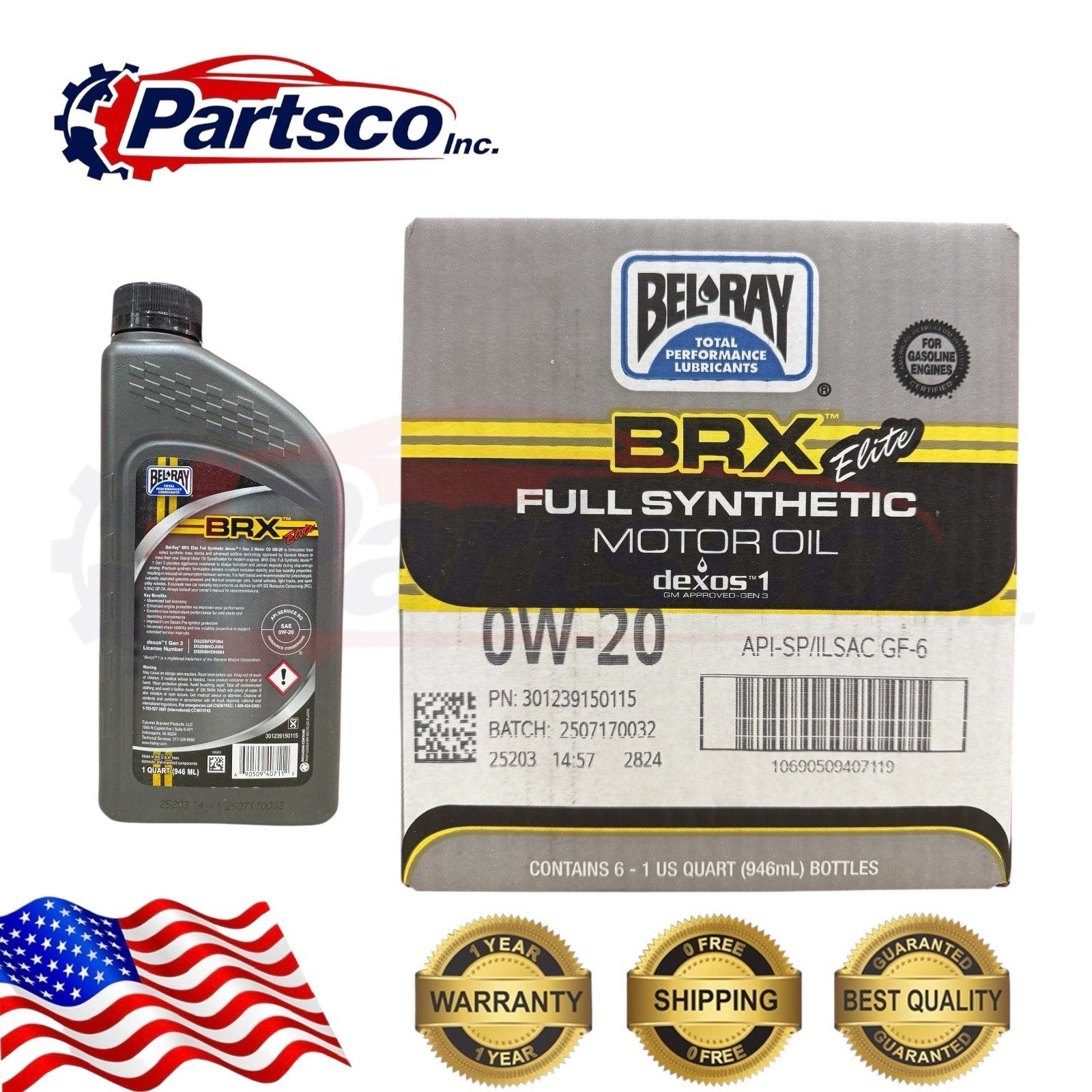 Bel-Ray BRX Elite 0W-20 Full Synthetic Motor Oil dexos1 Gen 3 API SQ GF-7A 6qrt