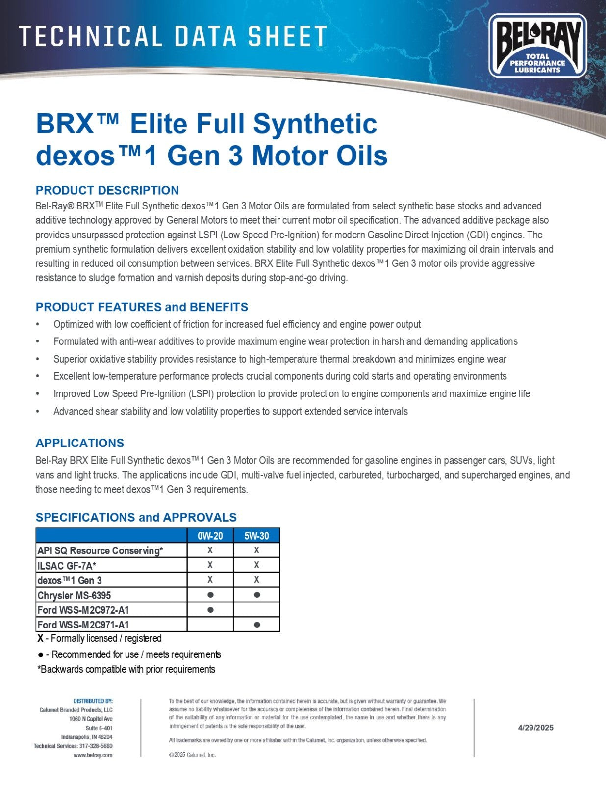 Bel-Ray BRX Elite 5W-30 Full Synthetic Motor Oil dexos1 Gen 3 API SQ GF-7A 6qrt