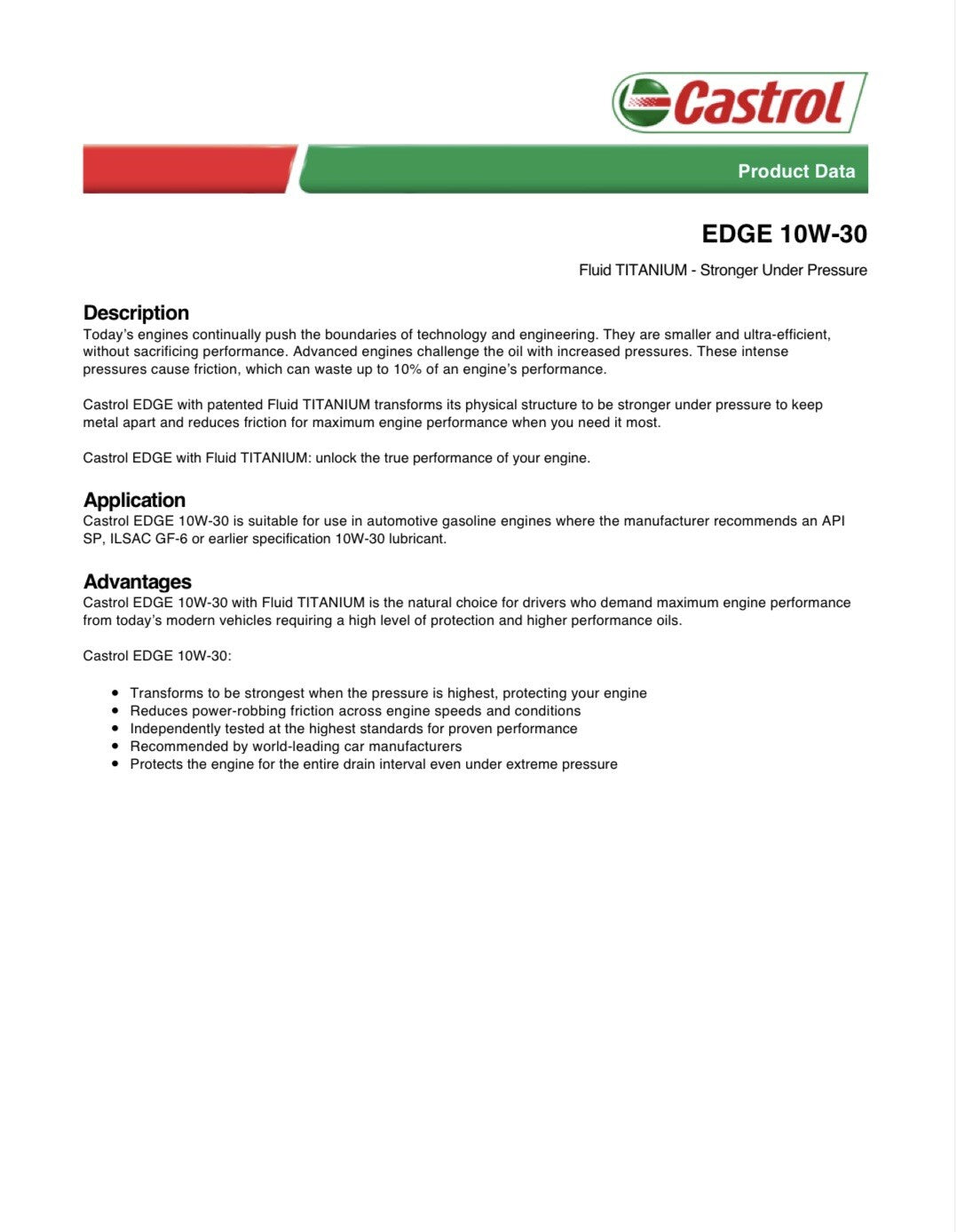 Motor Oil 10W30 Full Synthetic 6 Quarts Castrol EDGE