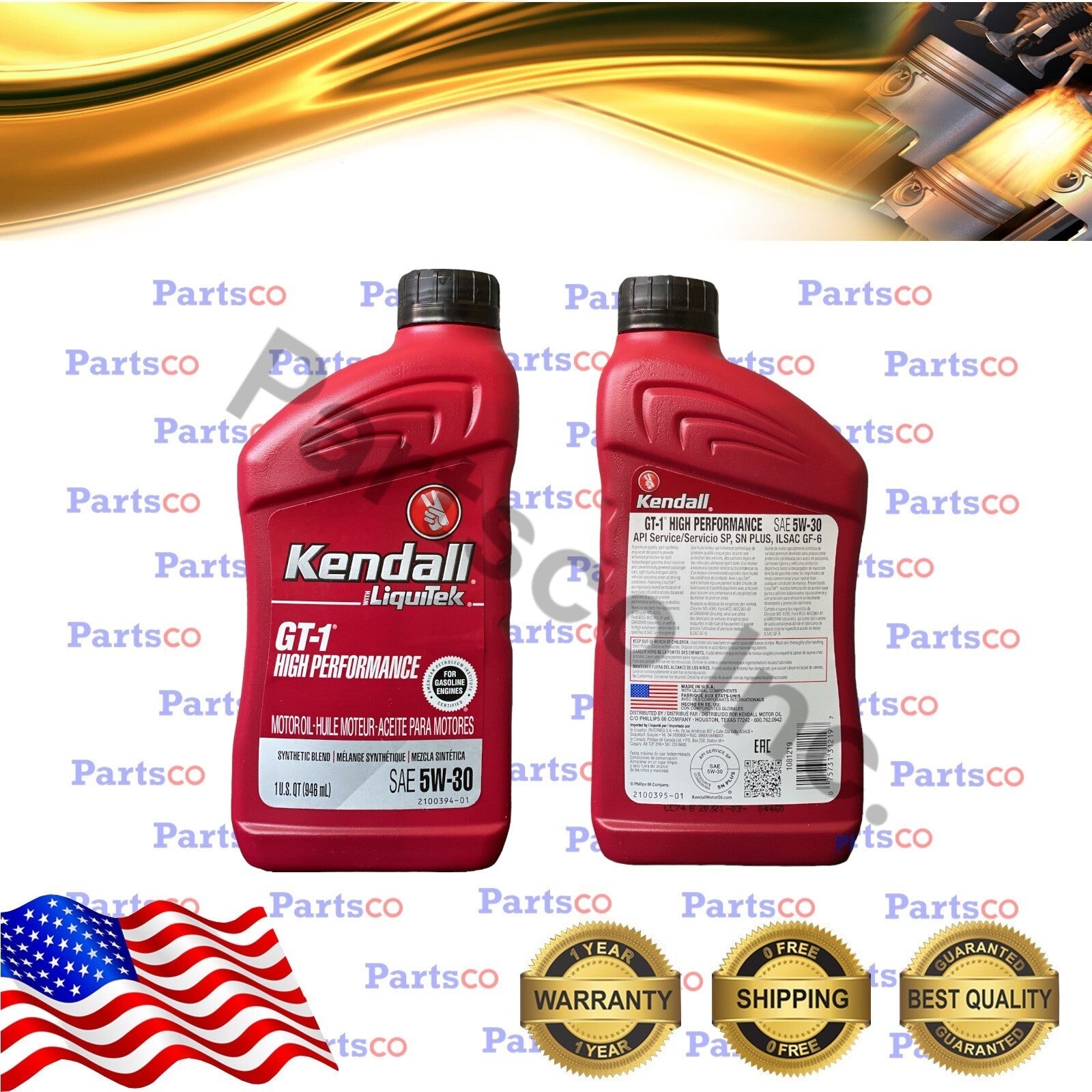 Motor Oil 5W30 Synthetic Blend 8 Quarts Kendall Liquitek GT-1 High Performance