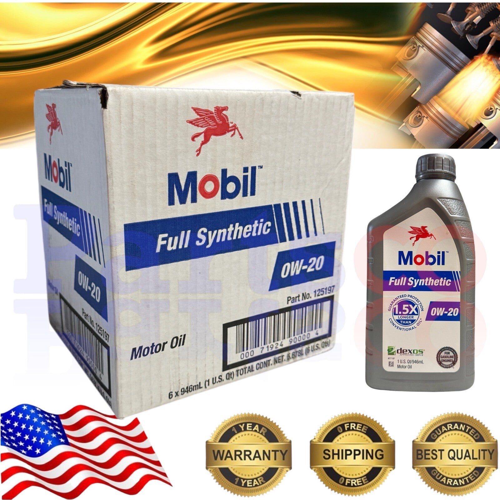 Motor Oil 0W20 Full Synthetic Mobil 6 Quarts in a Case