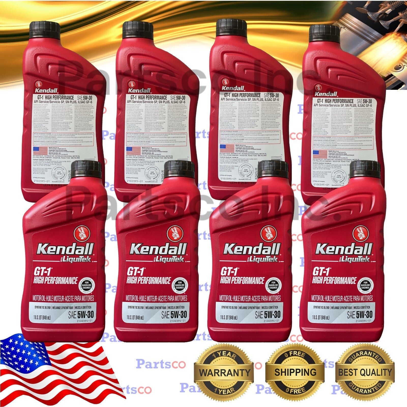 Motor Oil 5W30 Synthetic Blend 8 Quarts Kendall Liquitek GT-1 High Performance