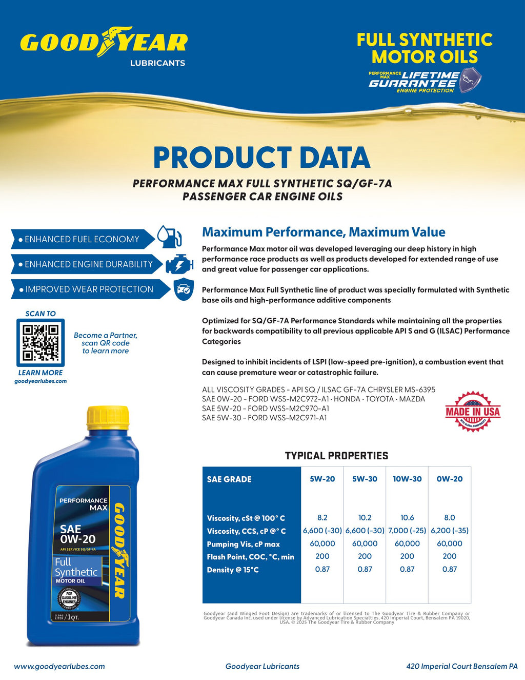 Goodyear 0W-20 Full Synthetic Motor Oil 8qt Case dexos1 Gen 3 (8 x 1qt Bottle)