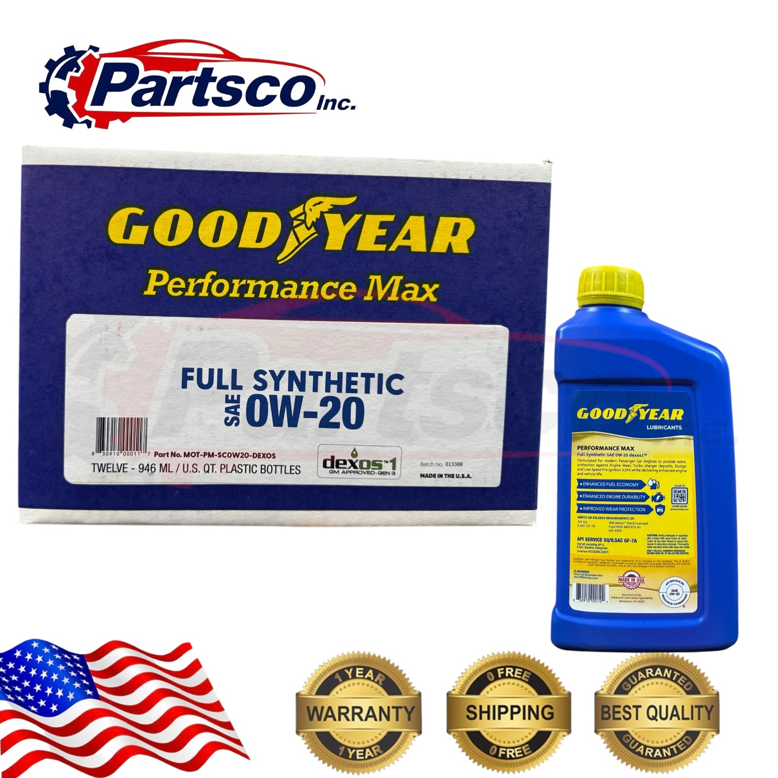 Goodyear 0W-20 Full Synthetic Motor Oil 8qt Case dexos1 Gen 3 (8 x 1qt Bottle)