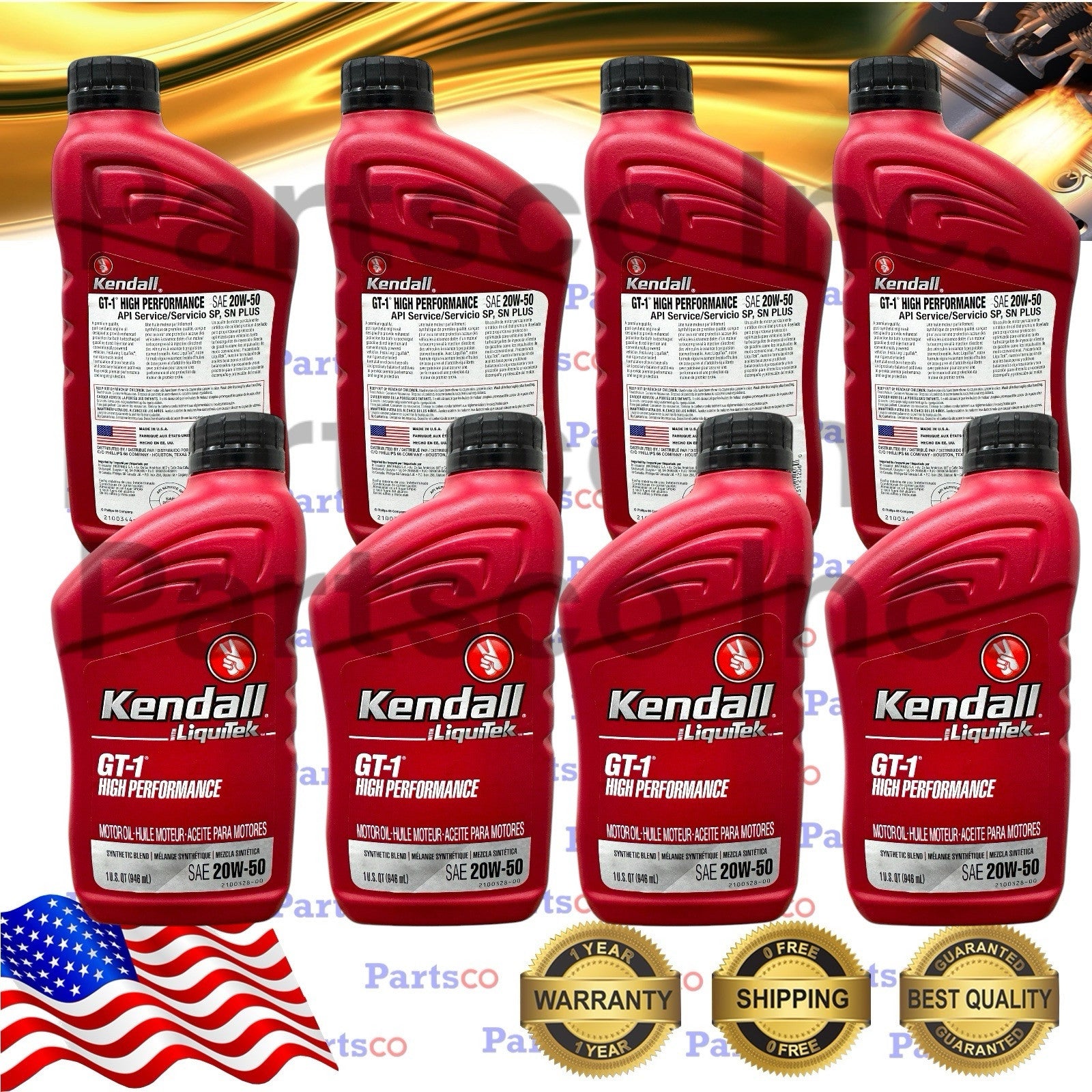 Motor Oil 20W50 Synthetic Blend 8 Quarts Kendall Liquitek GT-1 High Performance