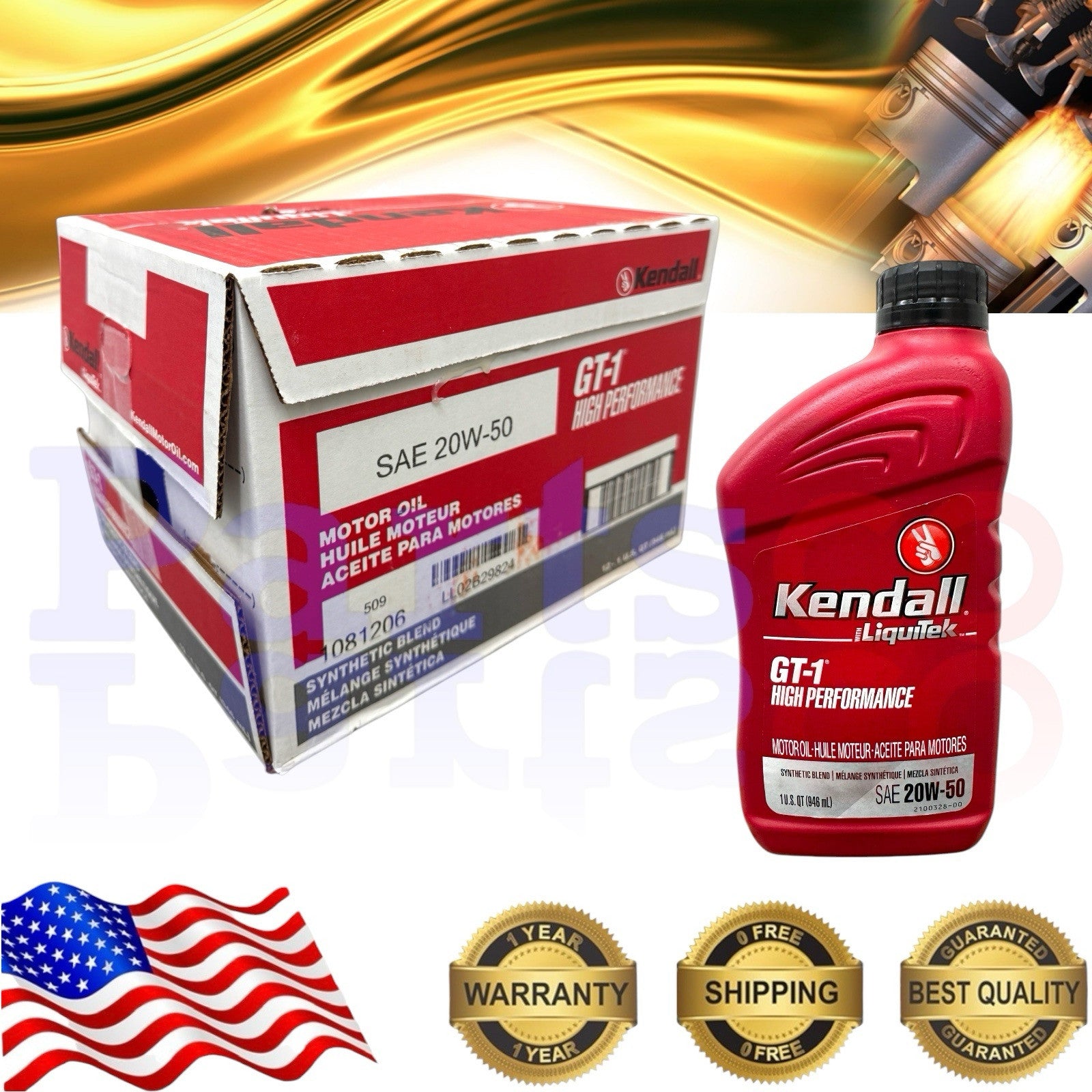Motor Oil 20W50 Synthetic Blend 8 Quarts Kendall Liquitek GT-1 High Performance